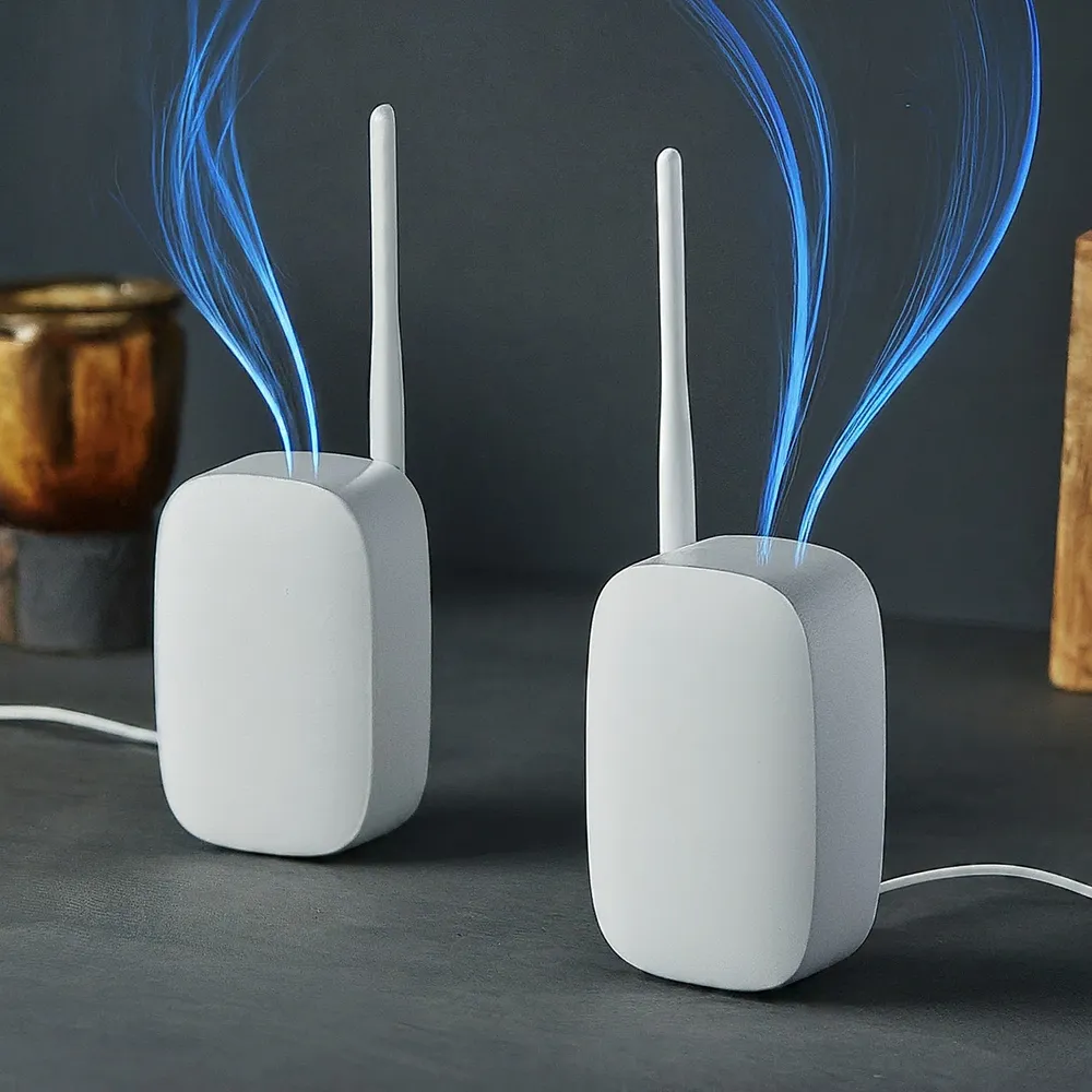Illustration of two networking devices with cables and stylized wireless links