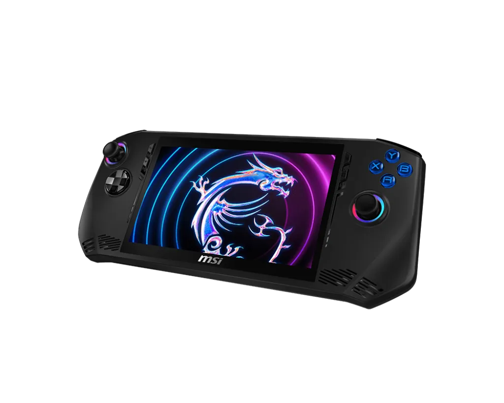 MSI Claw A1M handheld gaming PC front display and RGB thumbsticks