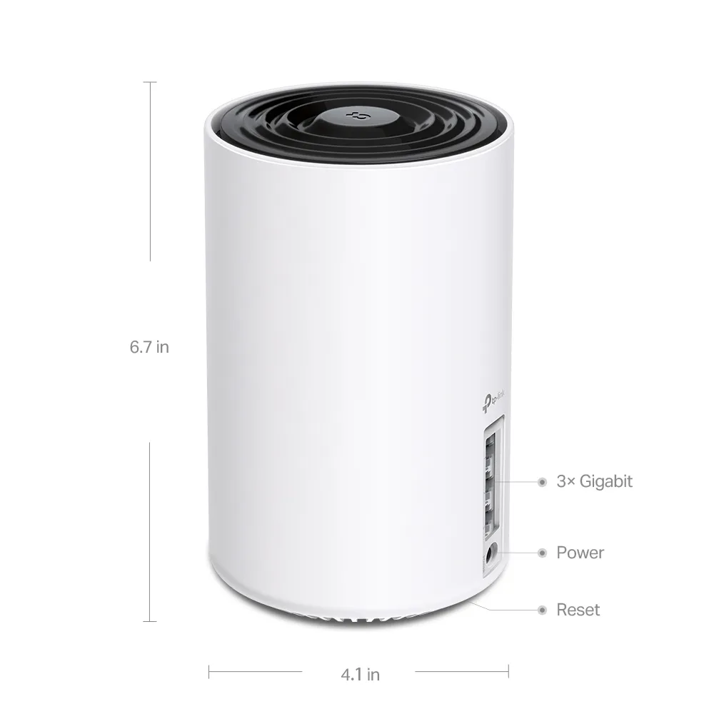 TP-Link Deco XE75 exterior with dimensions, three Gigabit ports, power and reset labels