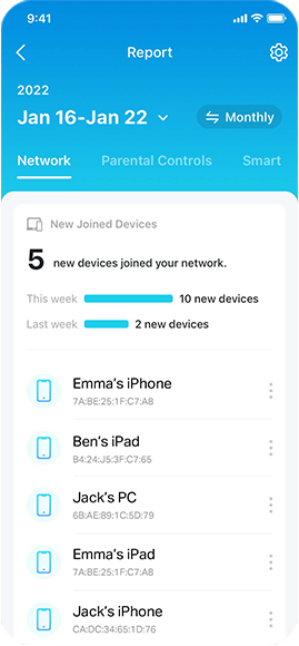 HomeShield report listing newly joined devices, names and MAC addresses