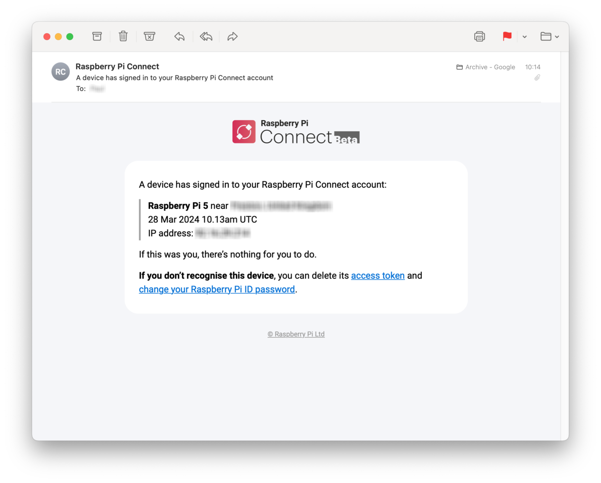 Raspberry Pi Connect email sign-in verification screen