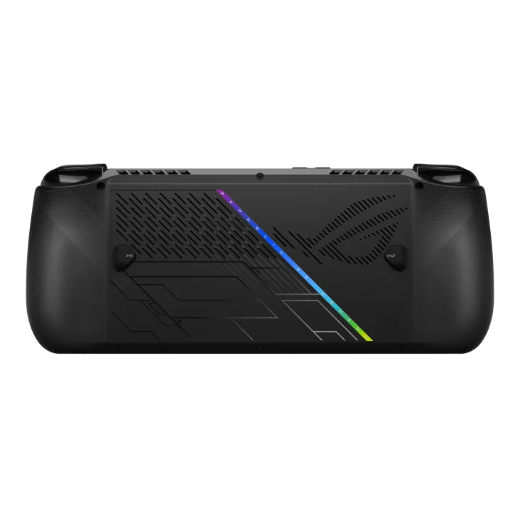 ASUS ROG Ally X rear view showing contoured grips, rear macro buttons and ventilation grilles