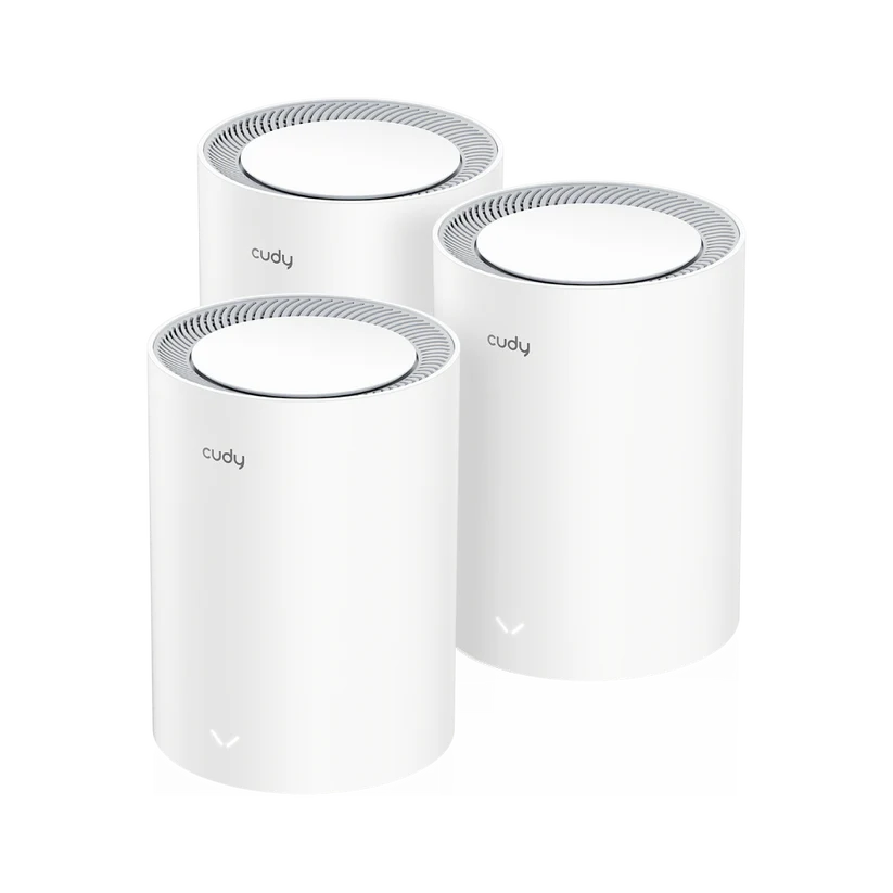 Three white cylindrical Cudy mesh units