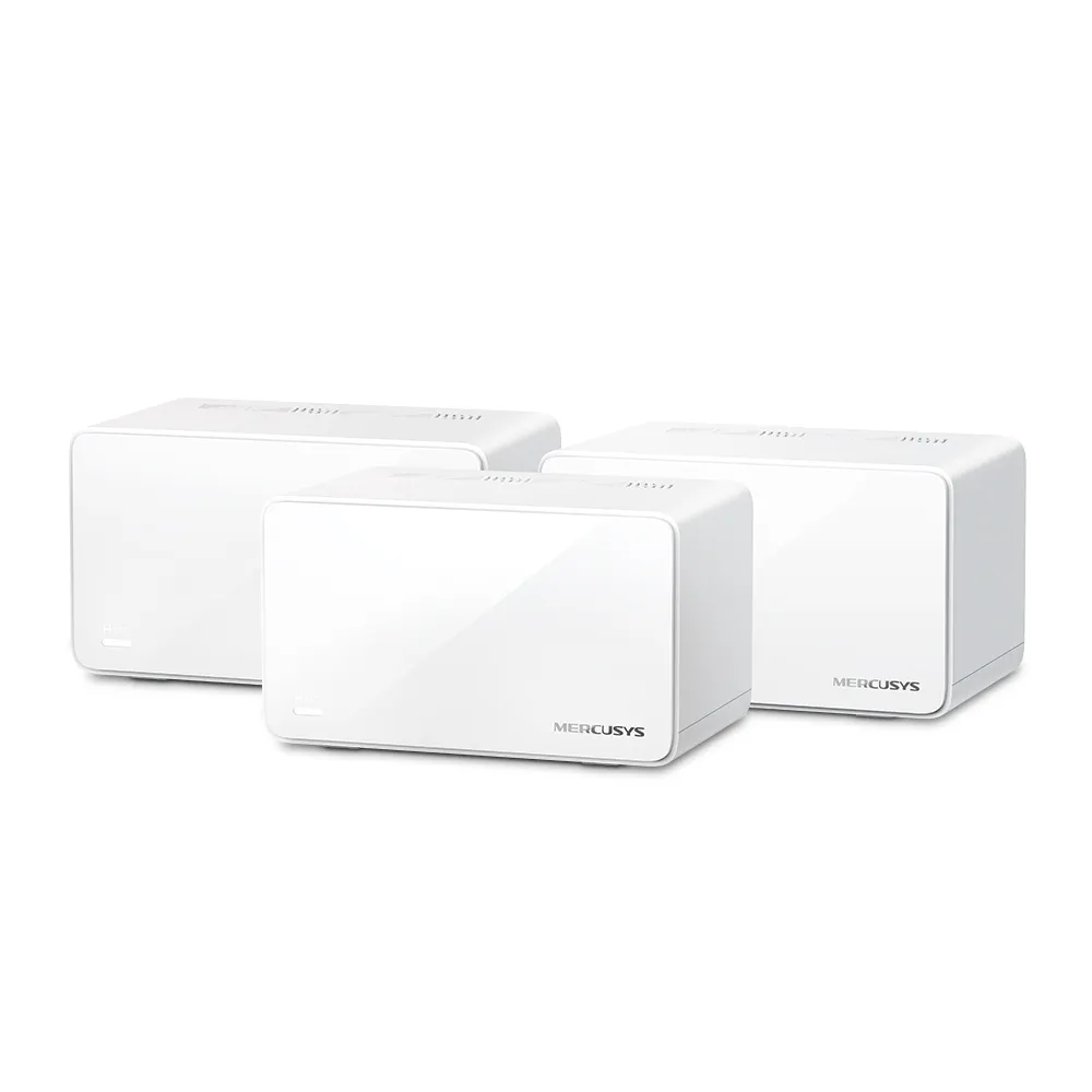 Three compact white Mercusys Halo H90X units