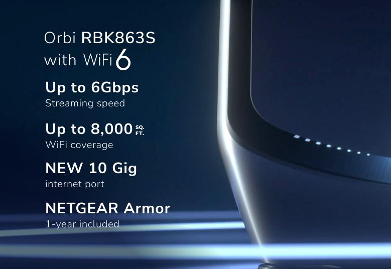 NETGEAR Orbi 860 promotional graphic with AX6000 speed, coverage and 10G internet specifications