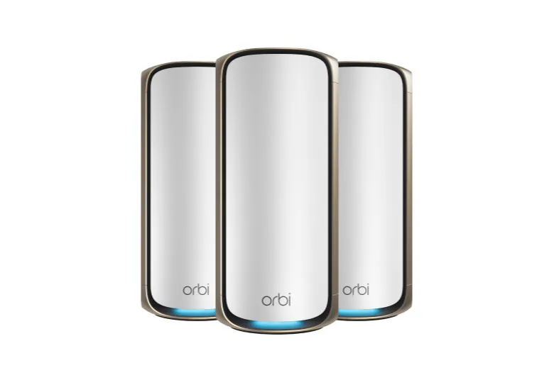 Three white Netgear Orbi 970 series units