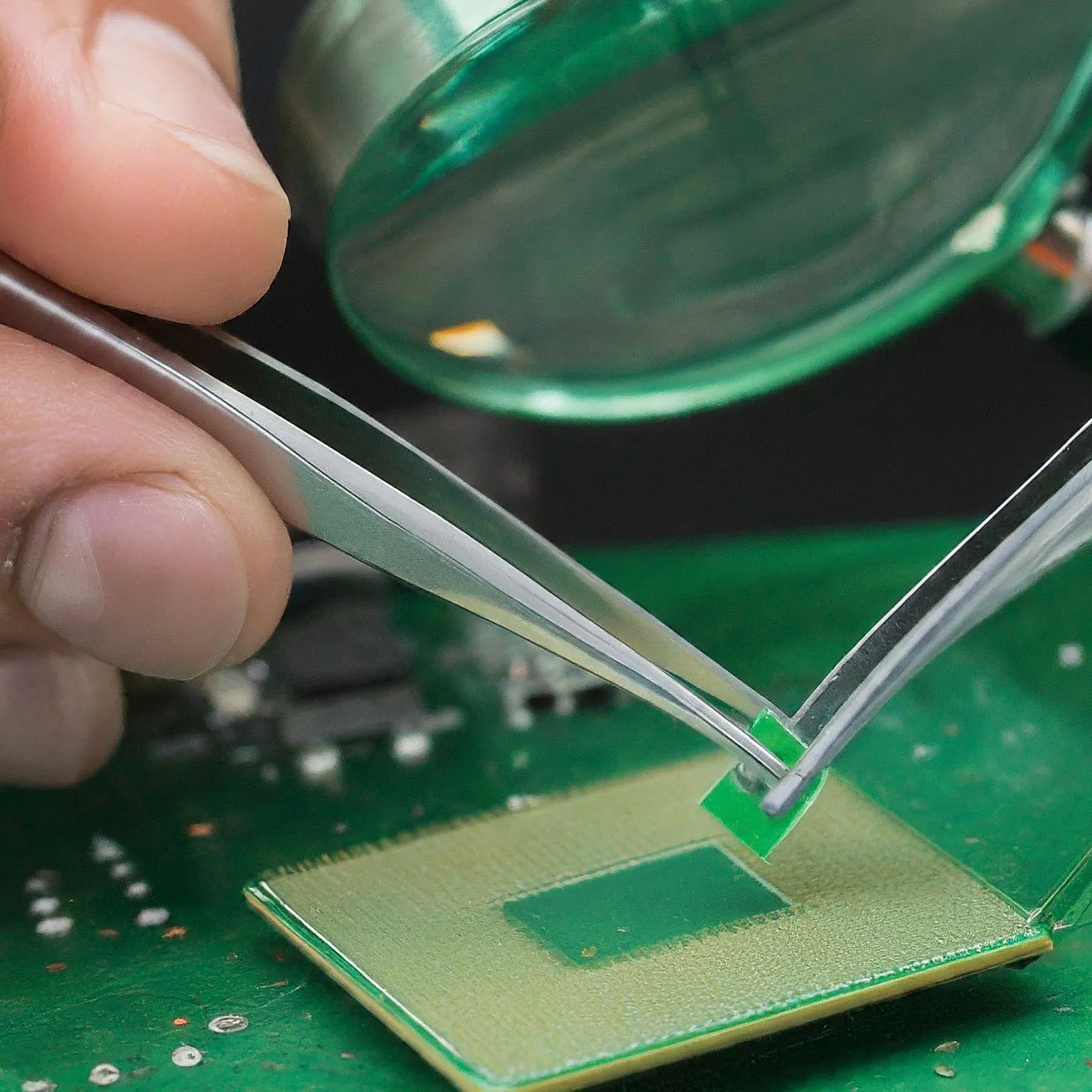 Illustration of tweezers positioning a small green thermal pad above a chip
