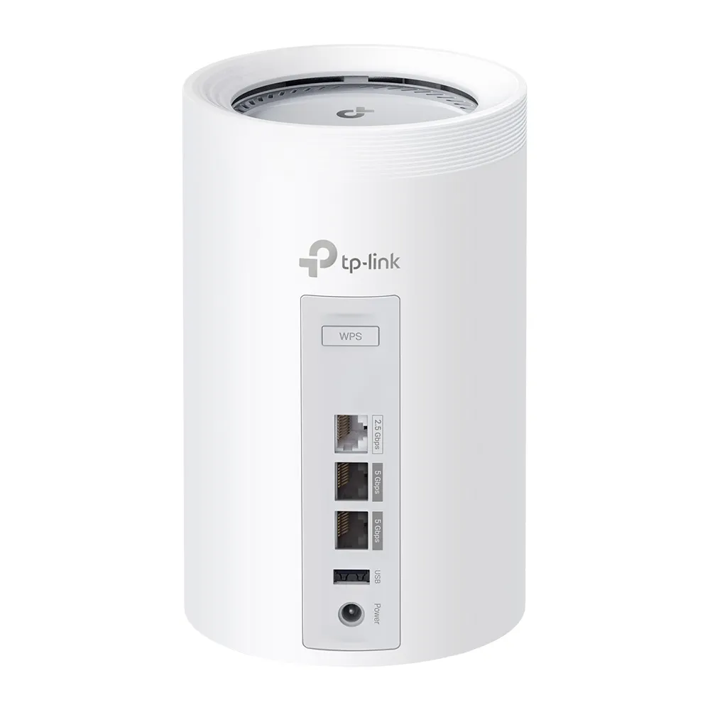 TP-Link Deco BE65 Pro rear with labeled 2.5 Gbps and dual 5 Gbps ports