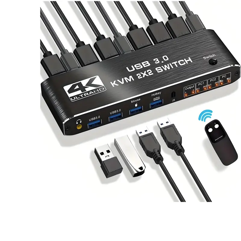 Dual-monitor KVM switch example with USB ports, selector and remote