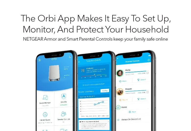 Orbi app promotional graphic showing management, protection and parental-control screens