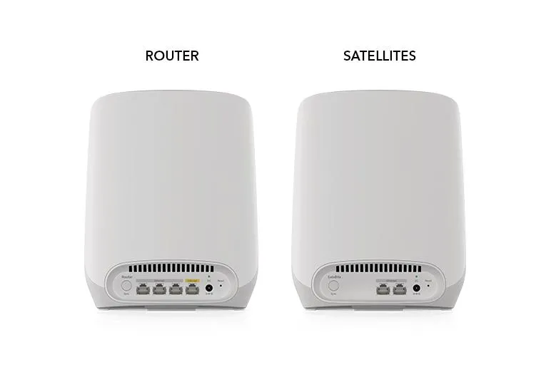 Orbi 760 router and satellite rear panels with different Gigabit port counts