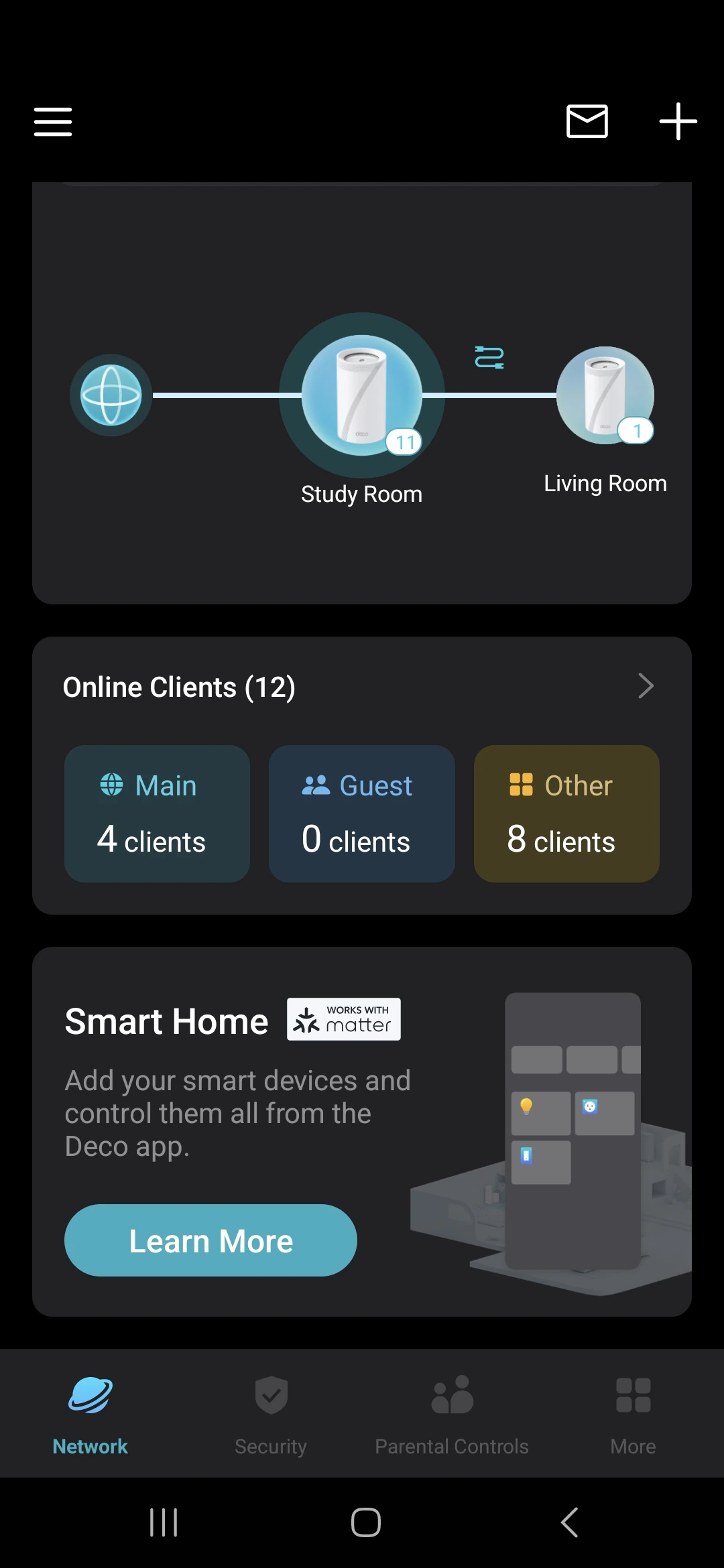 The app's connected-client view and optional smart-home information.