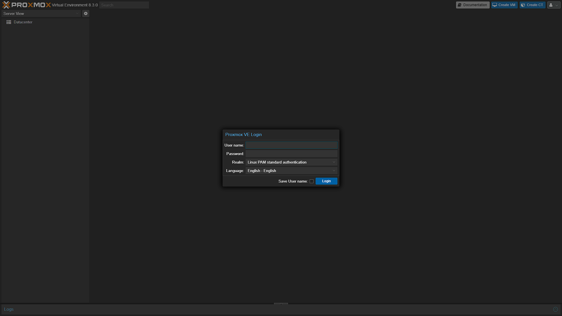 Proxmox Login Screen