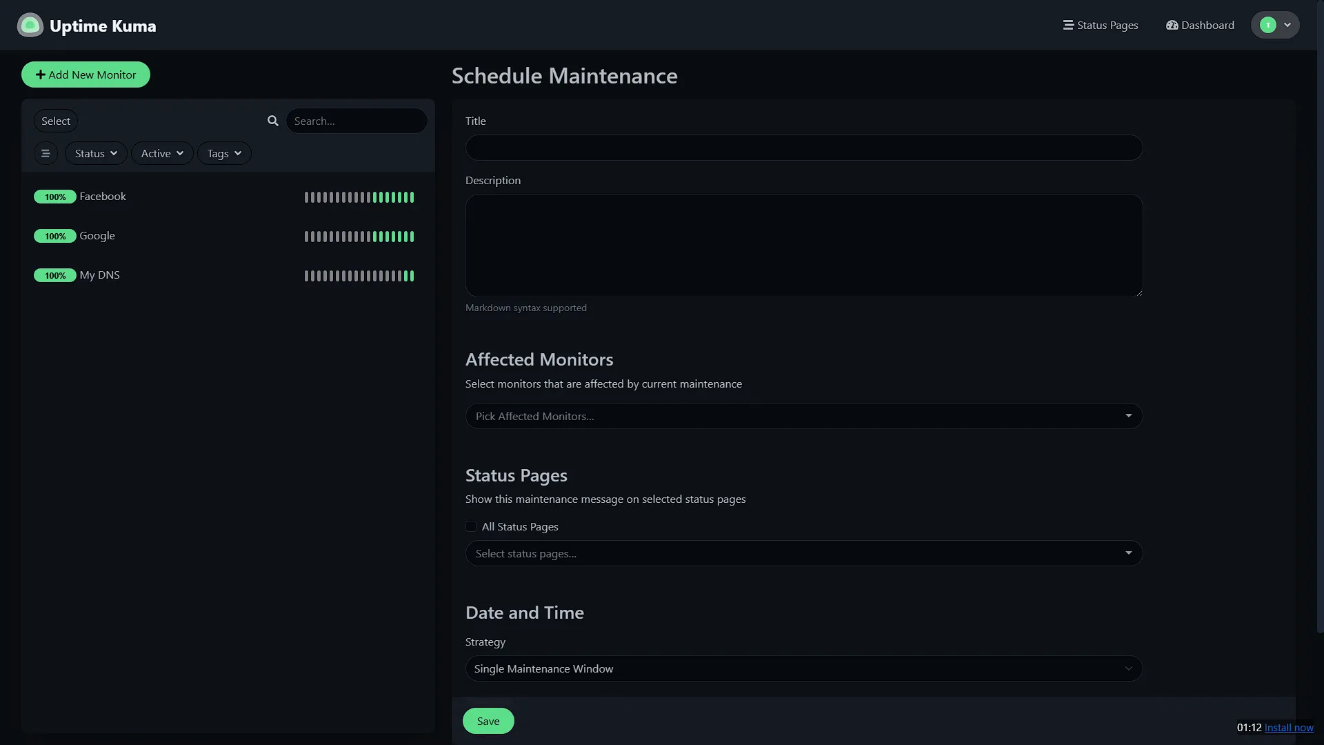 Uptime Kuma - Schedule Maintenance