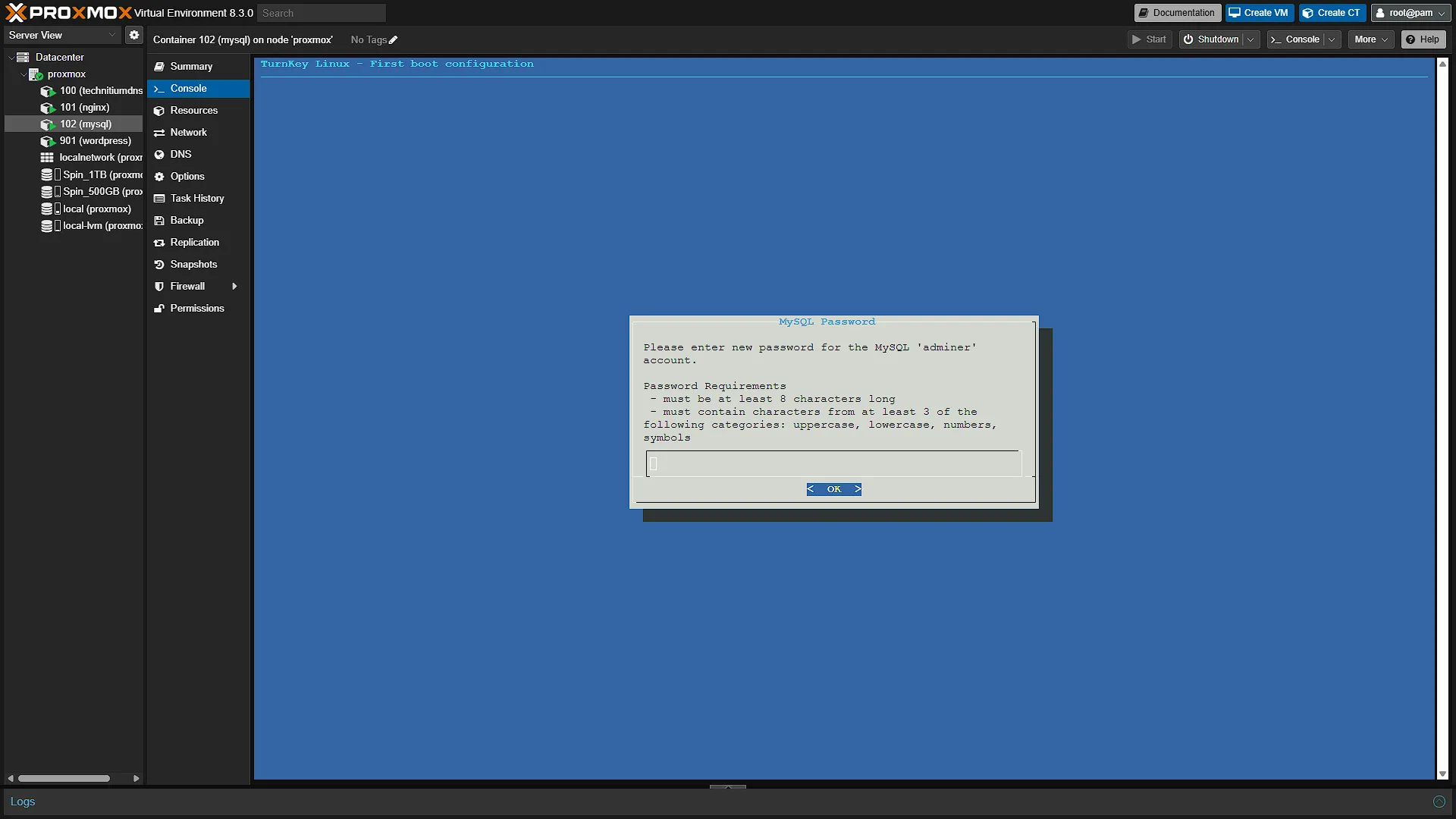 Configure MySQL CT - 3 Adminer Password