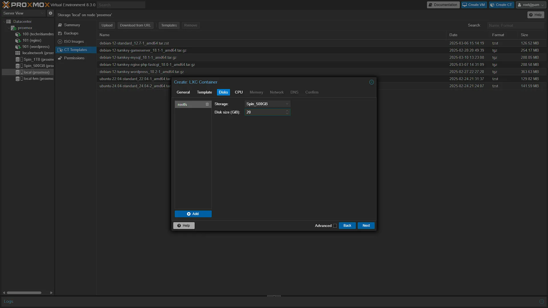 Create MySQL CT - 3 Disks