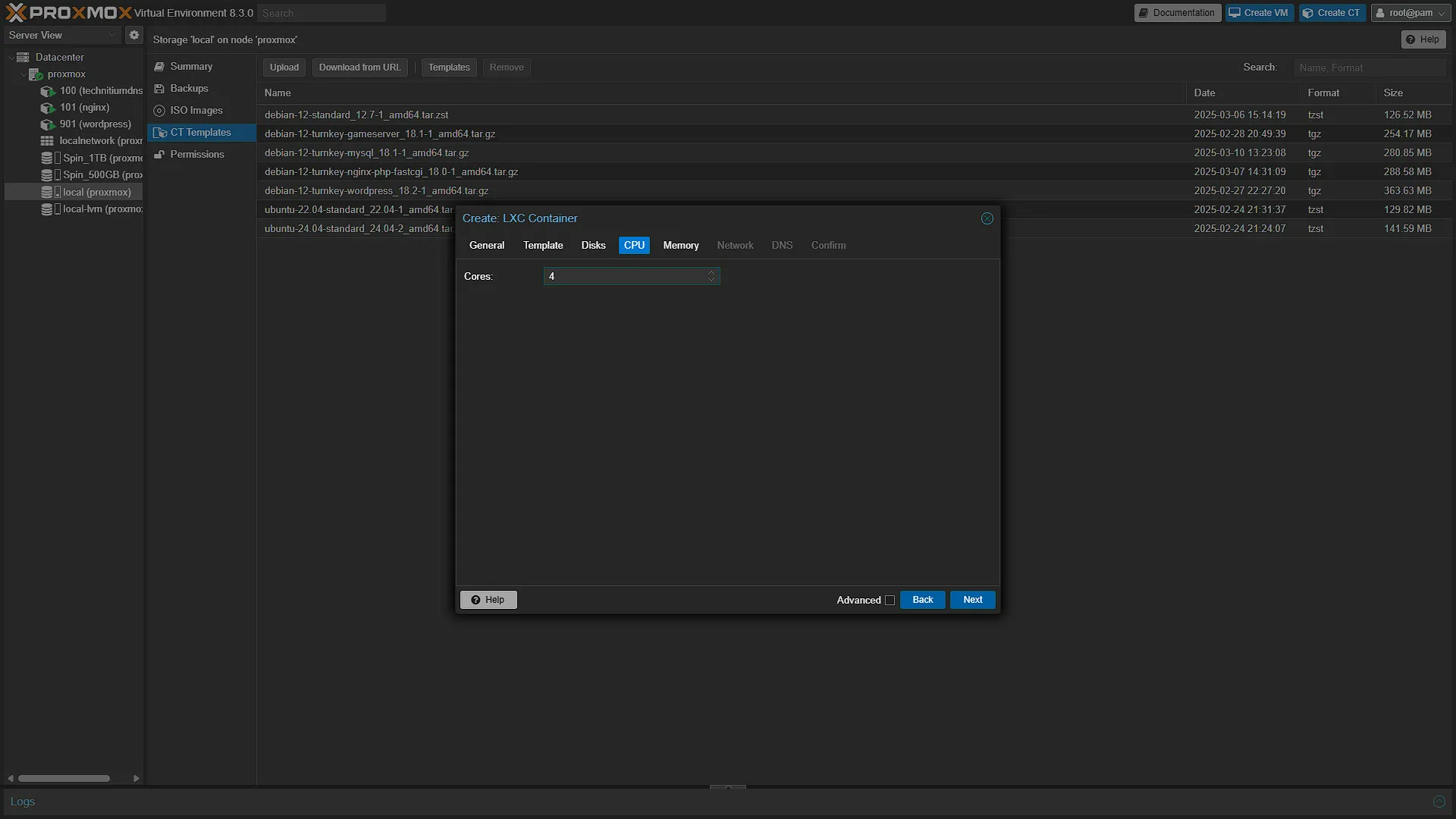 Create MySQL CT - 4 CPU