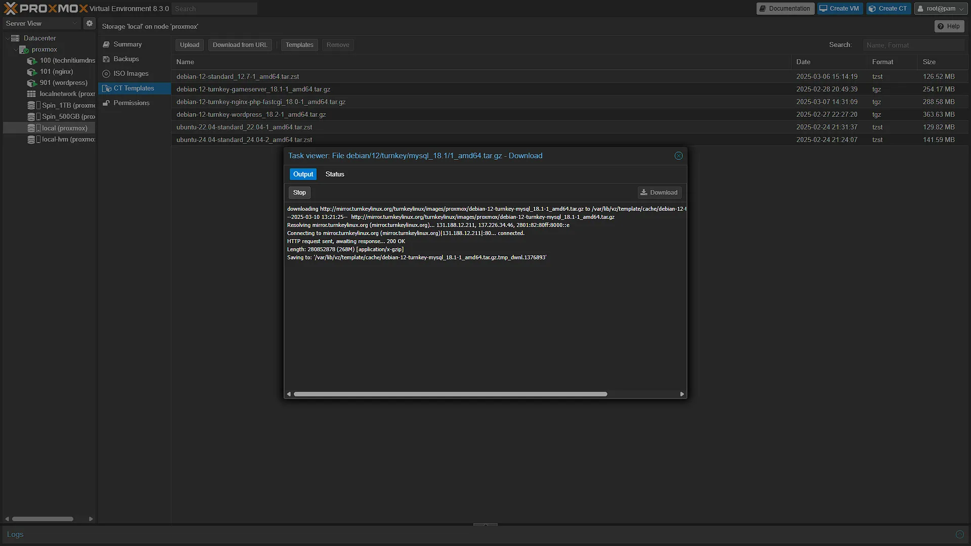 Proxmox MySQL 2 DOwnloading