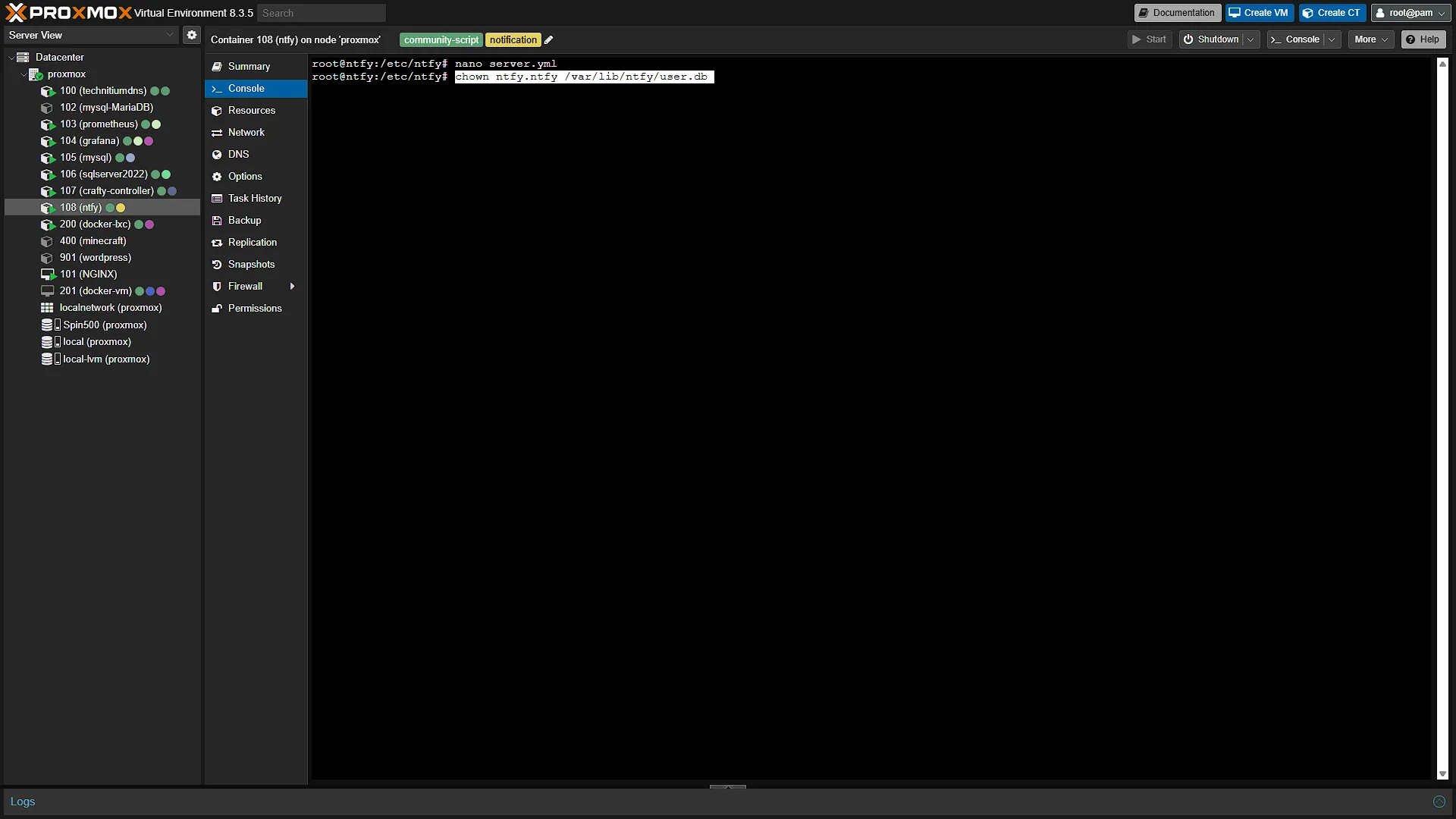 Configure ntfy - 6 - Chown fail