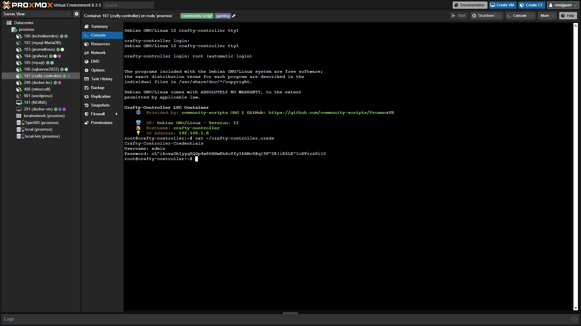 Install Crafty LXC - 8 - Password