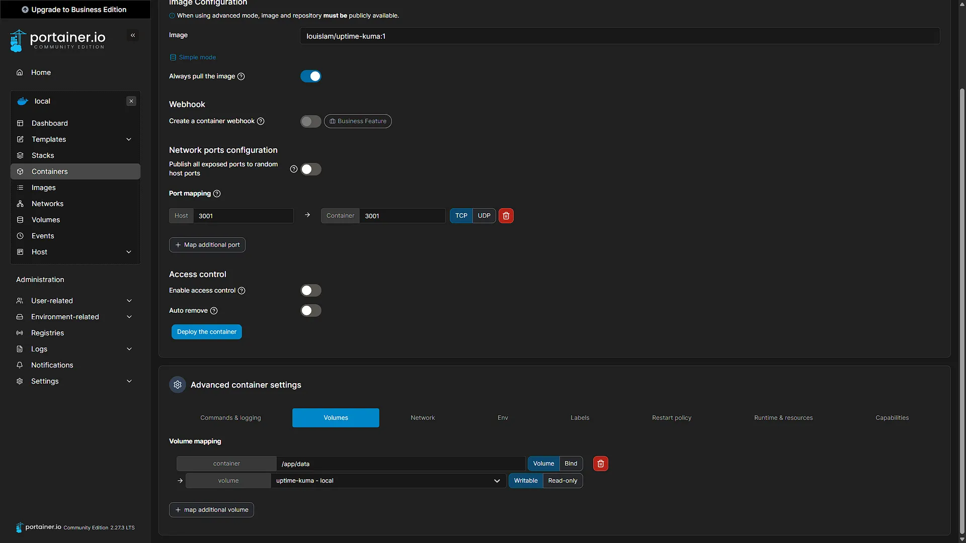 Install Uptime Kuma - 10 - Create Container - Volume