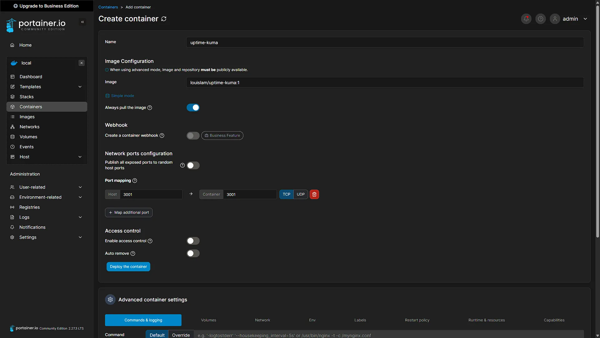Install Uptime Kuma - 9 - Create Container