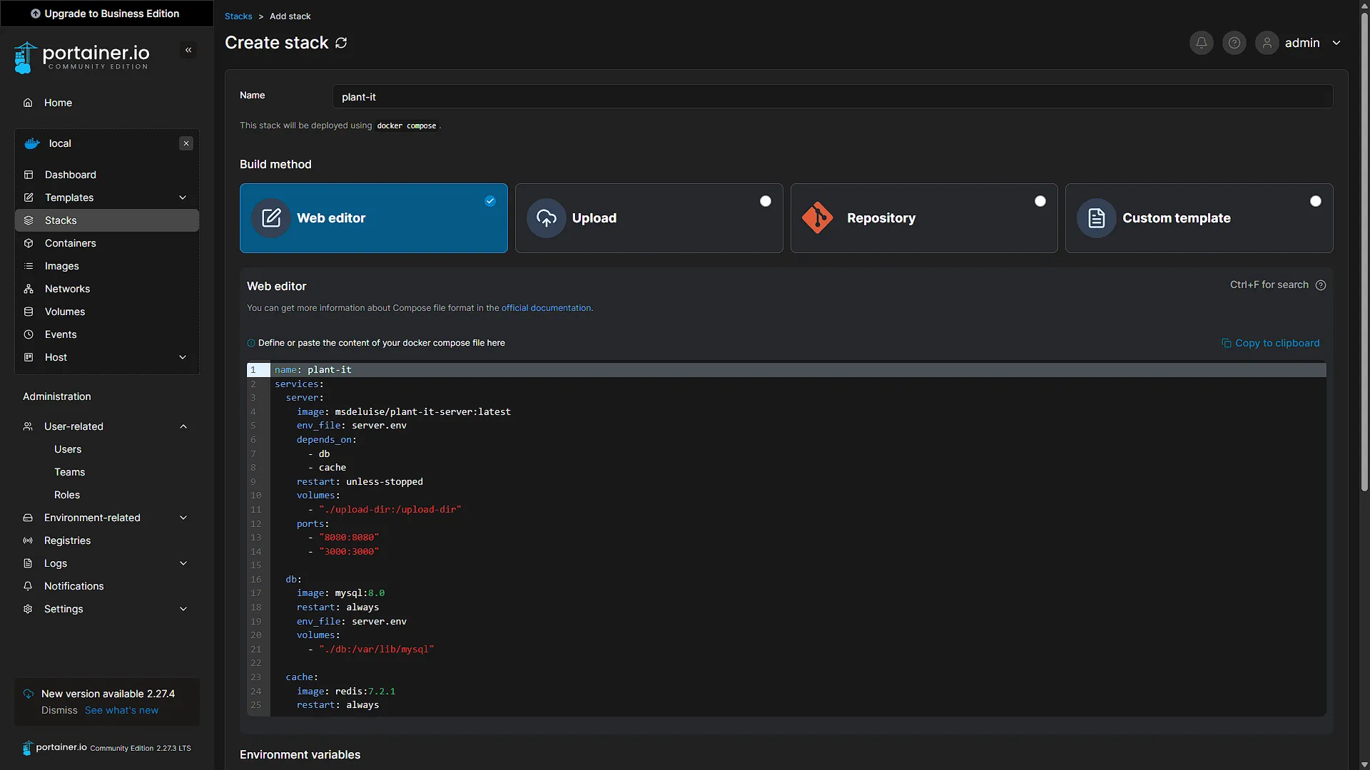 Plant-it Portainer - 5 - Docker Compose