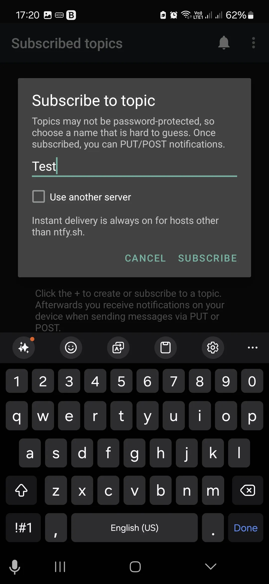 ntfy app - 4 - Add subscription