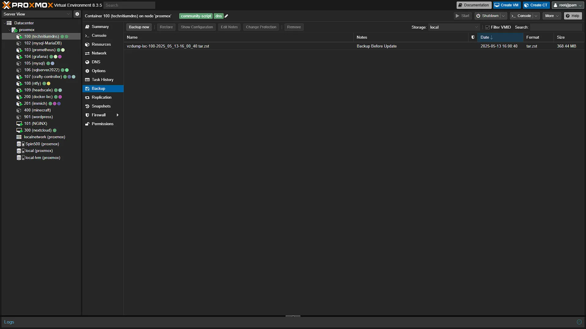 Backup LXC - 5 - Backup in the list