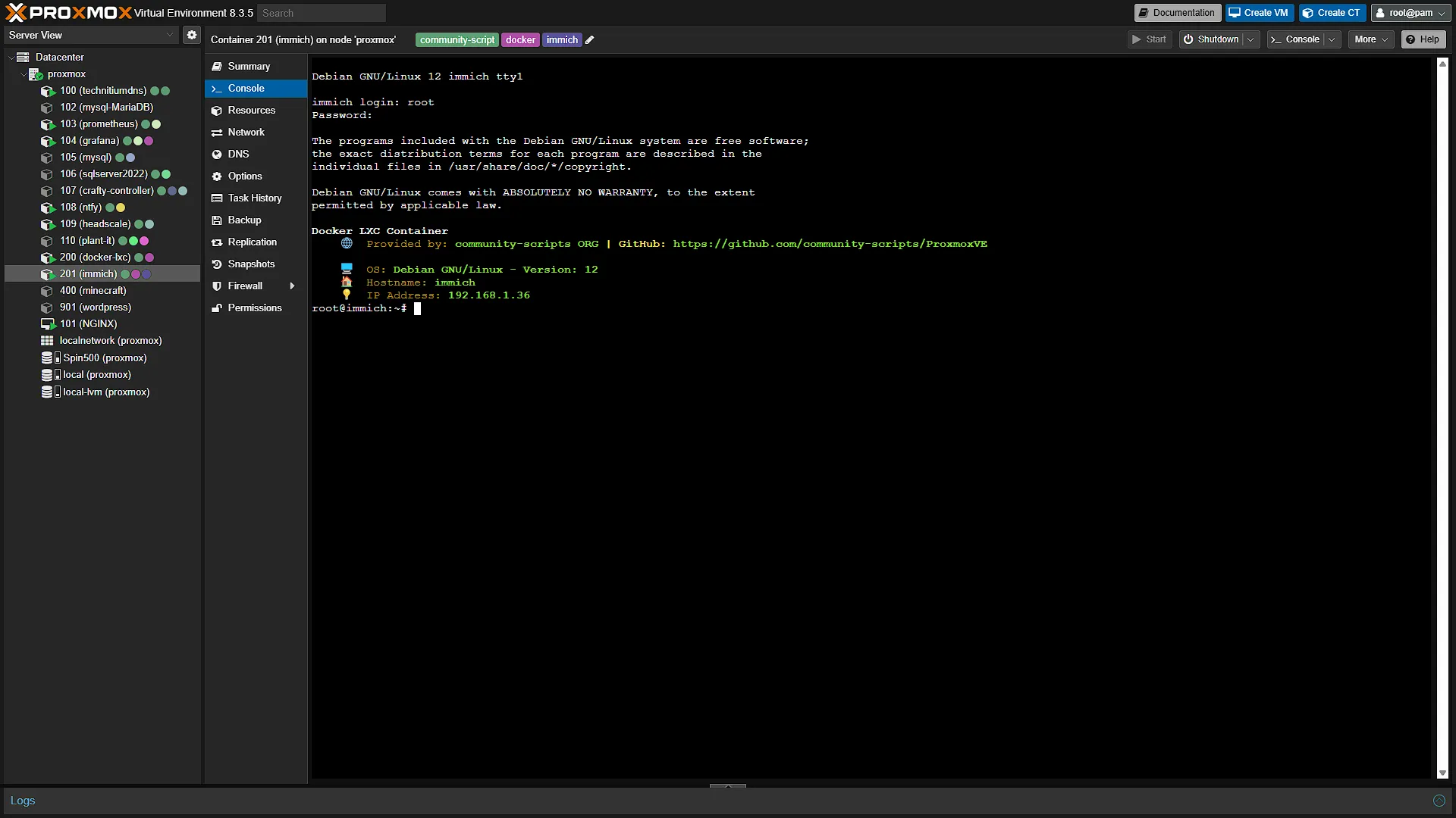 Immich Install Portainer - 4 - Log In To LXC