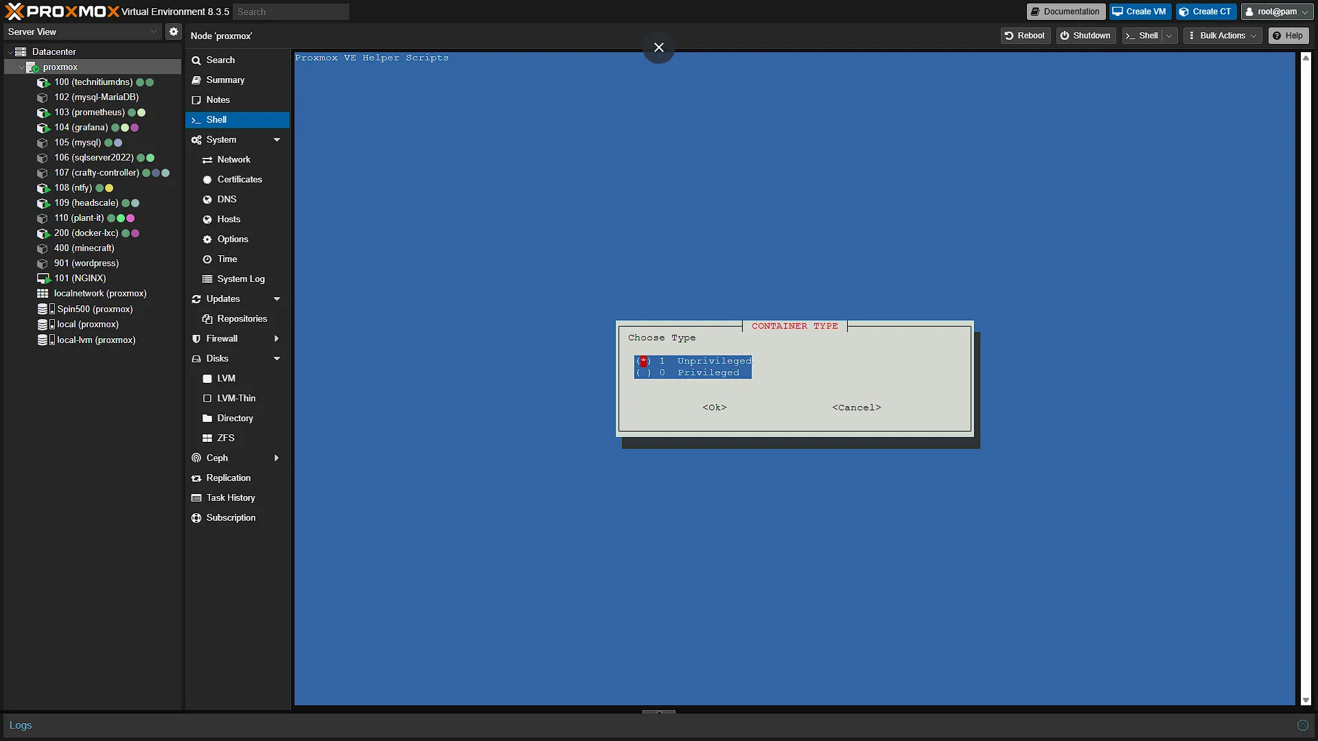 Install Docker LXC for Immich - 5 - Container Type