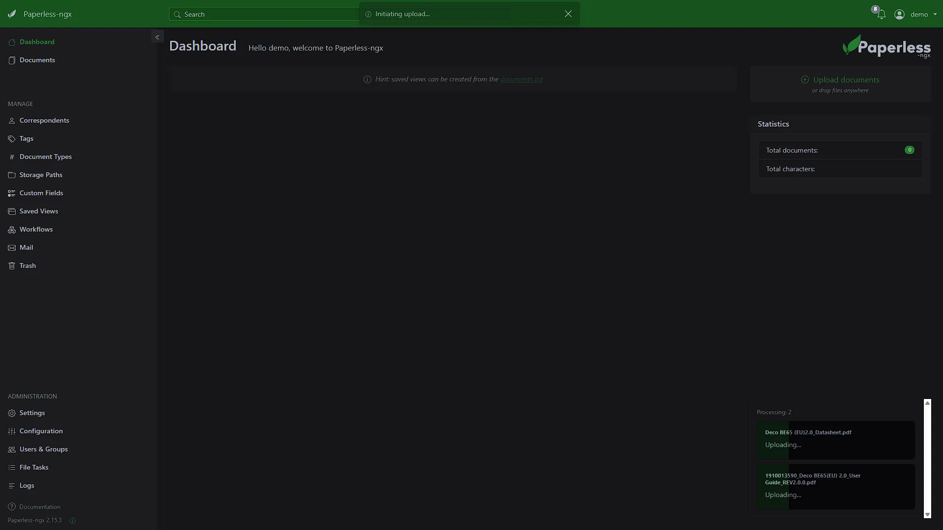 Paperless-ngx Screenshot - Uploading files