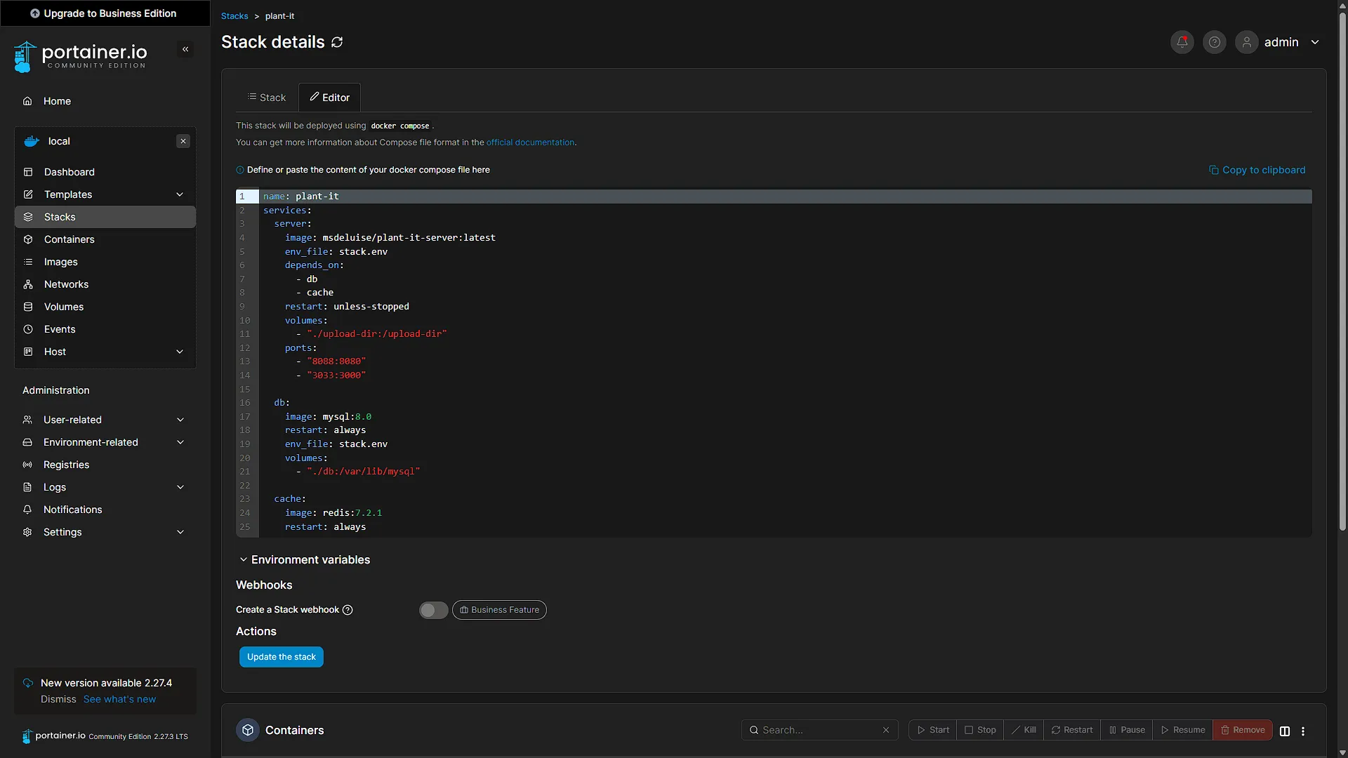 Plant-it Portainer Config - 4 - Editor view