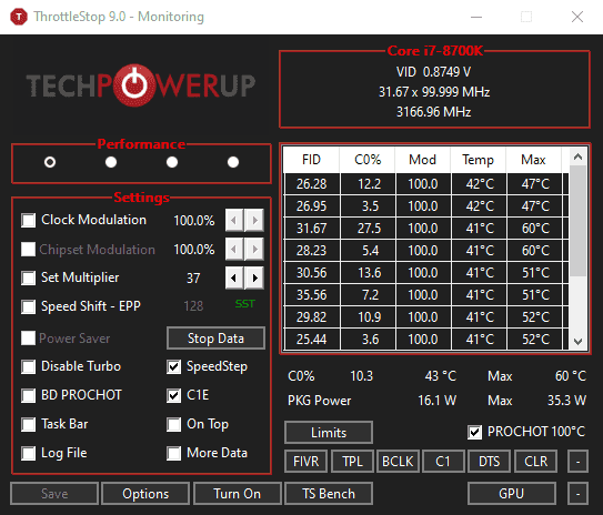 Historical ThrottleStop 9.0 interface showing an Intel Core i7-8700K