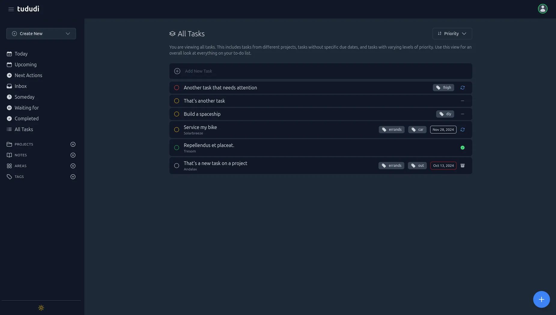 Tududi Dashboard Dark